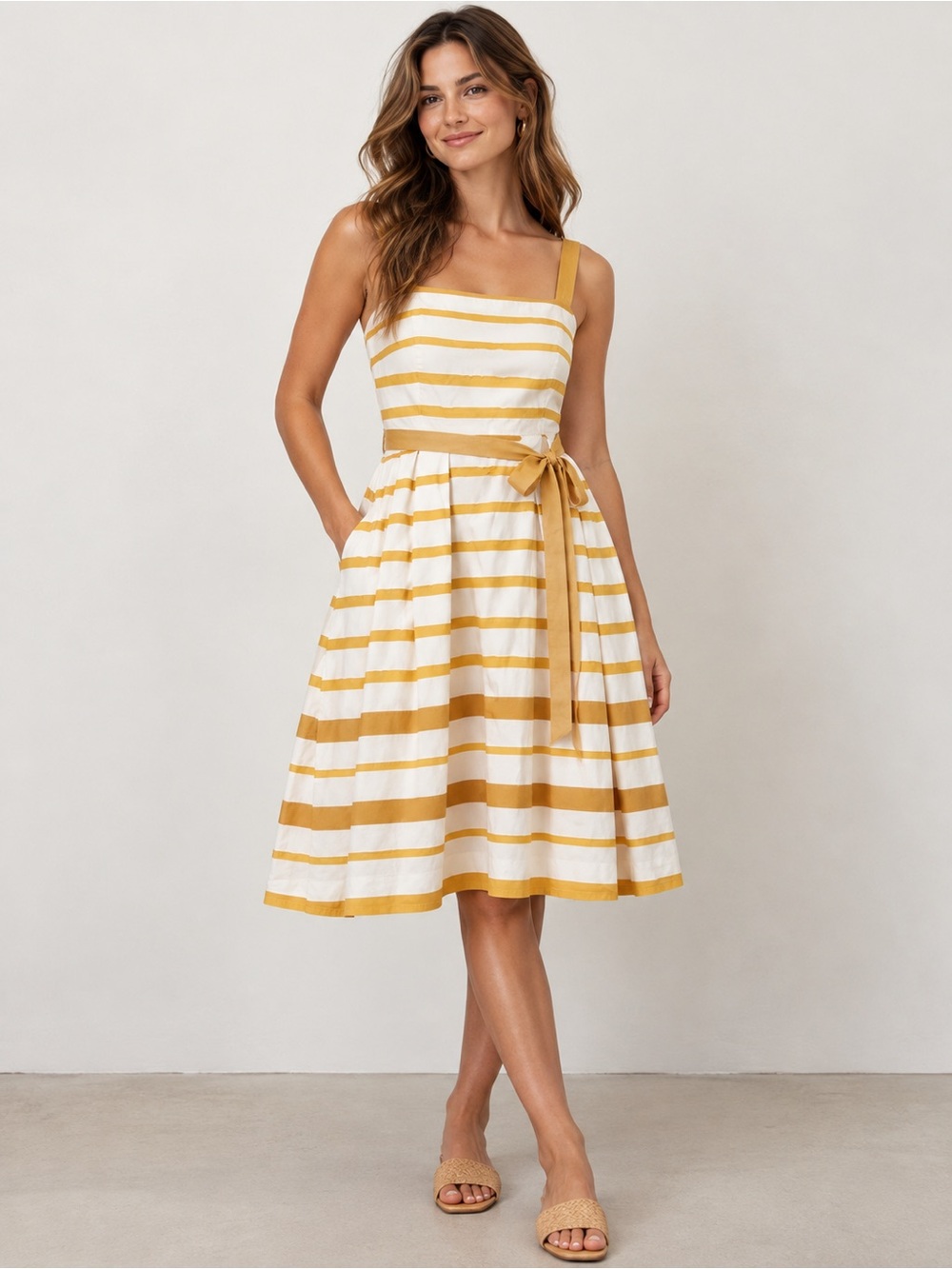 Anthropologie Moulinette Soeurs Dress 12 Mustard Stripe Cotton Fit Flare Belted